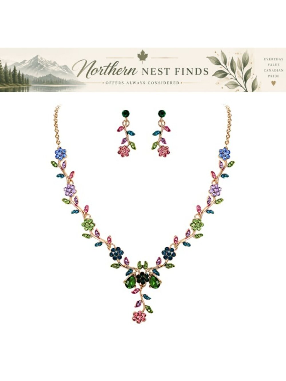 Crystal Vine Leaf Cluster Flower Dangle Earrings Pendant Necklace Set